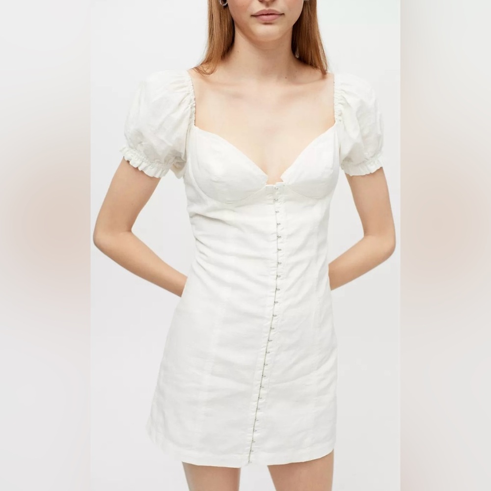 Urban Outfitters Britney Hook & Eye Mini Dress White Puff Sleeves Ivory Cotton